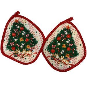 2 Vintage Franco Quilted Christmas Tree Bunny Pot Holders Trivet Retro Holiday